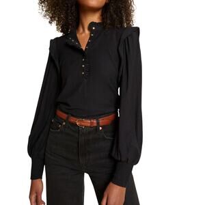 Nation Margaux Victorian Henley Long Sleeve Snap Neck Ruffle Shoulder Casual Top